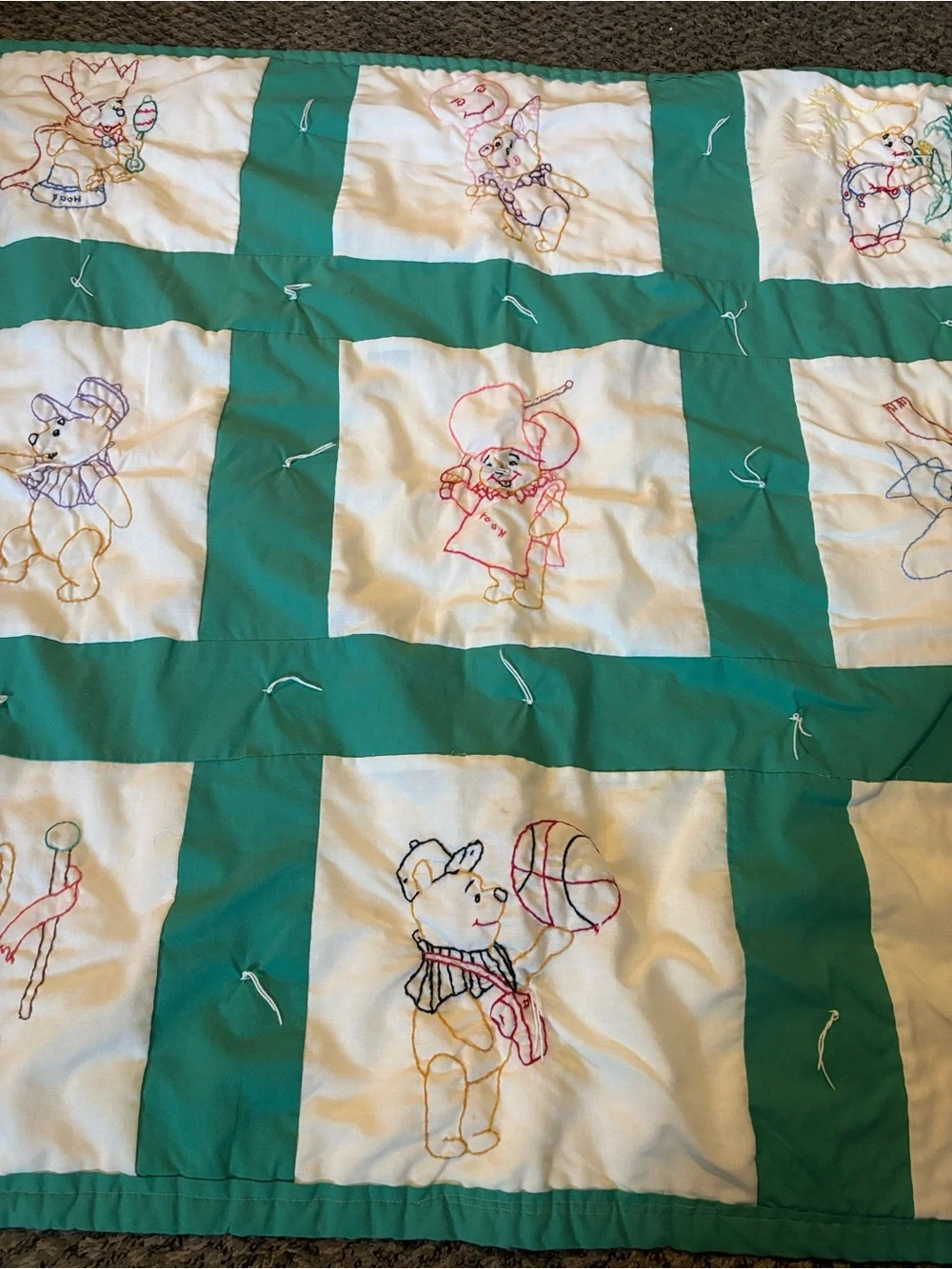 Hand-Embroidered Green and white Baby Quilt - Winnie-the-Pooh Motifs